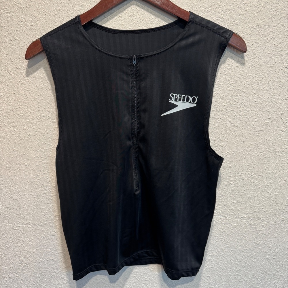Speedo Vintage Black Shadow Stripe Quarter Zip Swim Tank Top 707449 XL USA Made